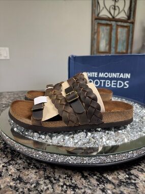White Mountain Footbeds leather Braided Double-Strap Slides in Dark Brown NEW 8